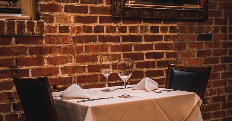 Set table for two by a brick wall