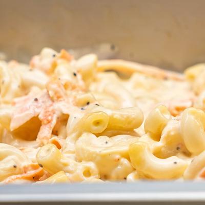 A close-up of creamy macaroni and cheese.