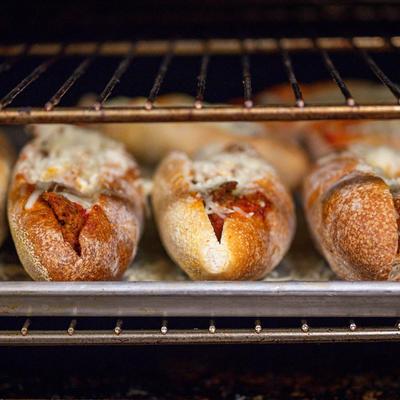 Sandwiches in an oven.
