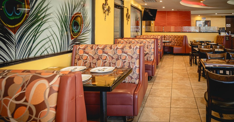 Interior, restaurant booths in dining area