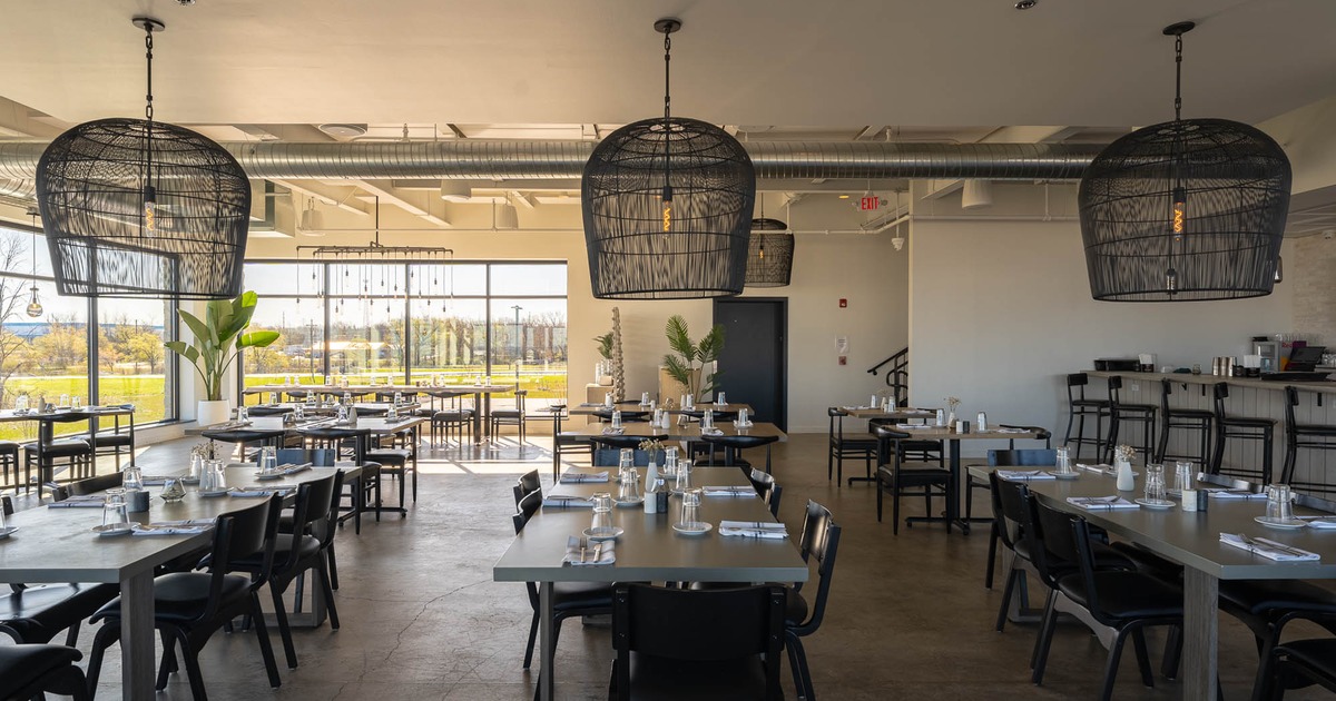 Interior, chairs and tables, chandeliers