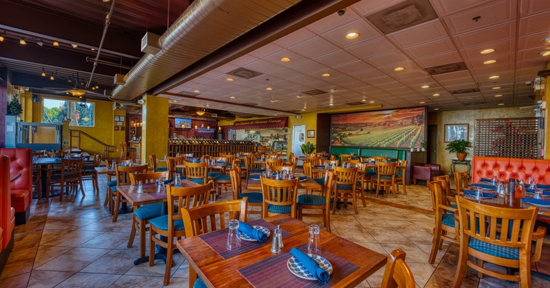 Interior - wooden tables, blue-cushioned chairs, a mural of a vineyard and a bar area.