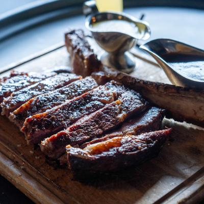 Seared and sliced steak.