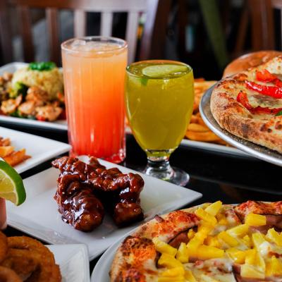 Drinks and food on the table.