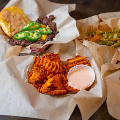 Waffle fries and other food.