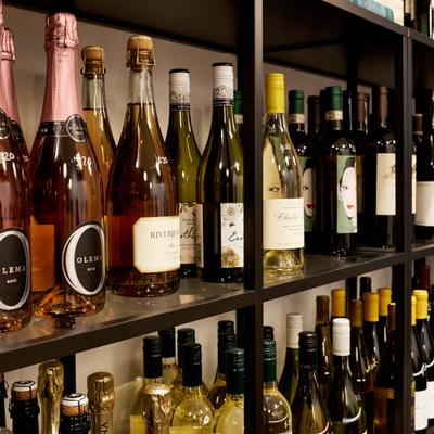 Various bottles on shelves.