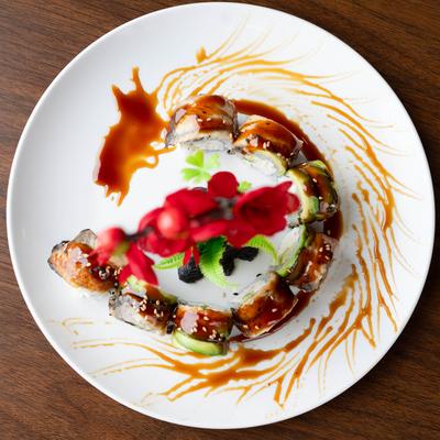 Dragon roll sushi, top view.