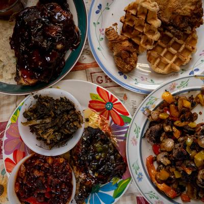 Various served meals, top view.
