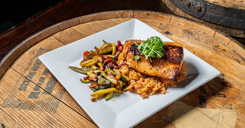 Bourbon glazed salmon, with rice and veggies