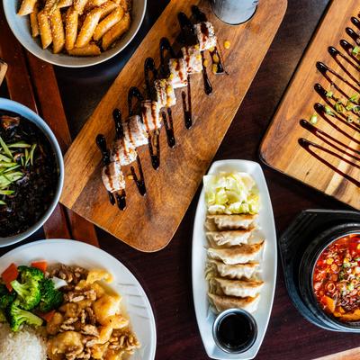 A top view of served meals.