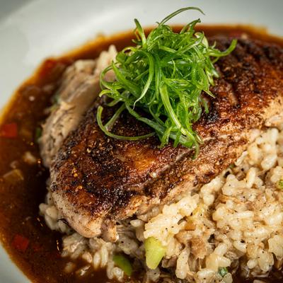 Blackened duck risotto.