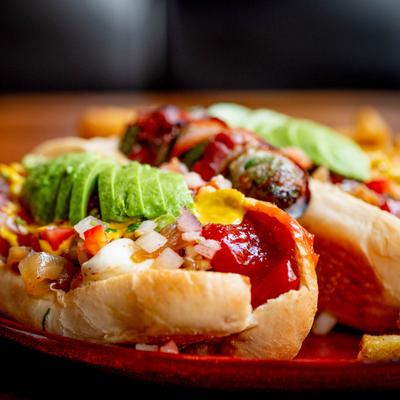 Street hotdog, close up.