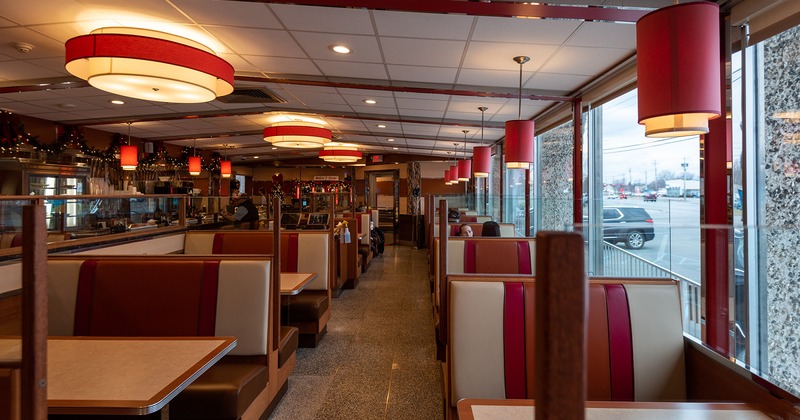 Interior, dining booths lined up