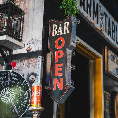 Exterior, double sided Bar Open sign.