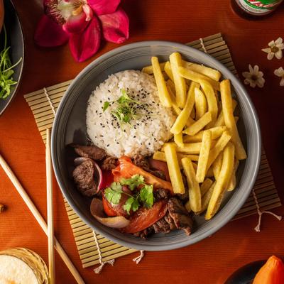 Stir fry steak with sides, top view.