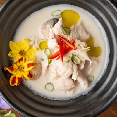 Coconut soup, served, top view