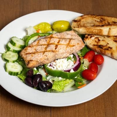 Greek Salad with grilled salmon.