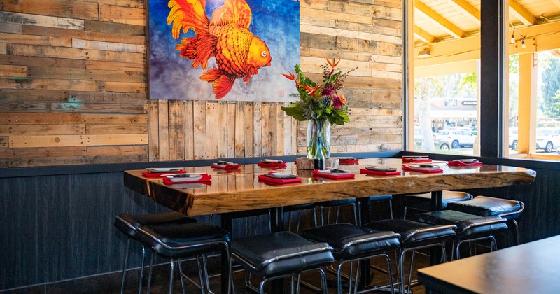 Interior, wooden table with tableware