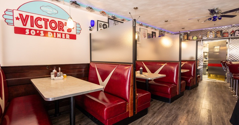 Interior, dining space with red leather booths