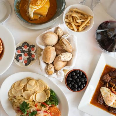 Overhead view of assorted dishes.