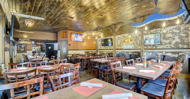 Interior, dining area with pictures on the wall