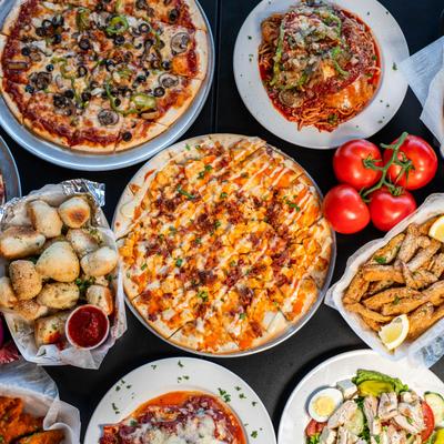 Assorted food, top view.