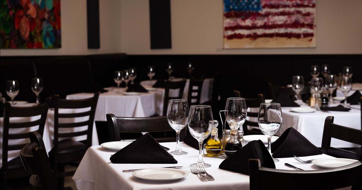 Interior, dining area with flag on the wall