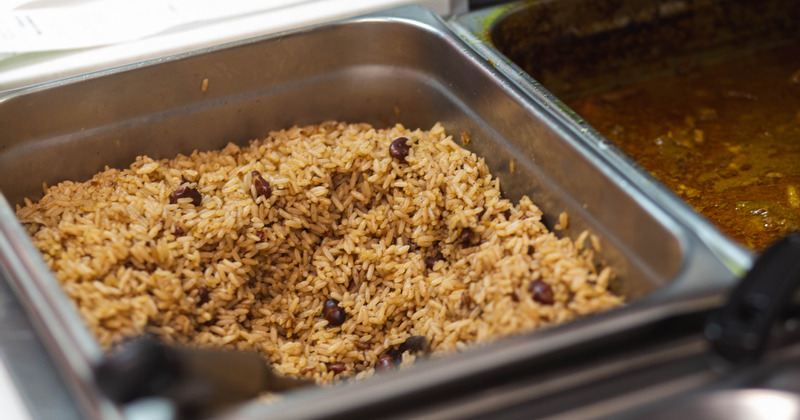 Brown rice in a display pan