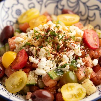 Sheppard Salad with cherry tomatoes, kalamata olives, cucumbers and feta crumbles.