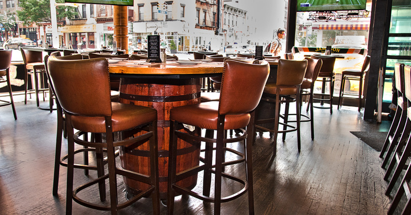 Interior, seating area with tall chairs