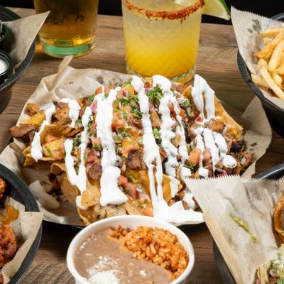 beans and rice, plate of nachos with sour cream drizzled on tops, other plates in background.