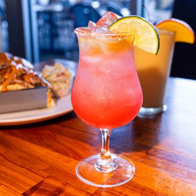 Flamingo margarita cocktail, served, front view.