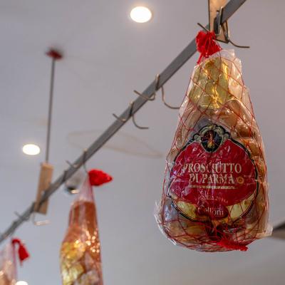 Prosciutto hanging on ceiling