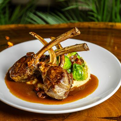 Australian Lamb Chops with maple bacon brussels, parsnip puree, dried cherry demiglace.