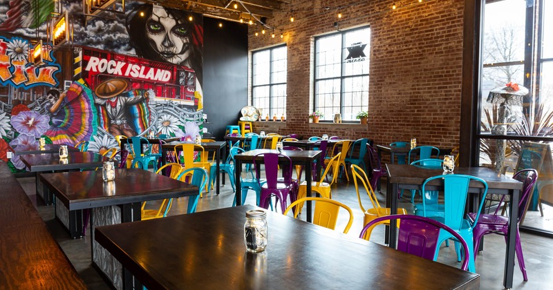 Interior, tables and chairs, big windows