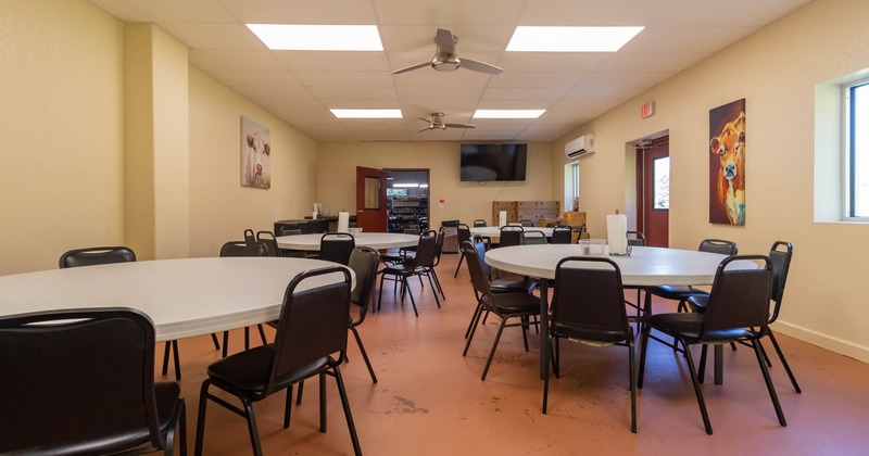 Interior with round white tables, black chairs, cow paintings and TV on the back wall