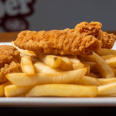 Chicken tenders with fries.