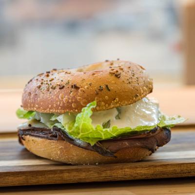 The Sherwin roast beef bagel sandiwch.