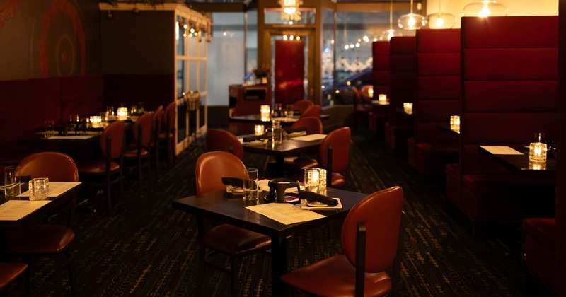 Interior, chairs and tables, restaurant booth on the right