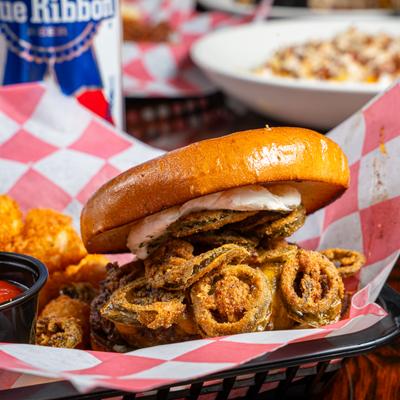 Burger with deep fried jalapenos.