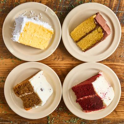 Assorted cake slices.