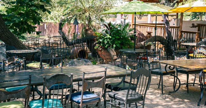 Exterior, tables and chairs on patio with greenery