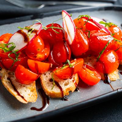 Heirloom Tomato Radish Bruschetta.