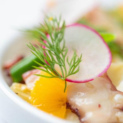 Smoked octopus plate, close up.