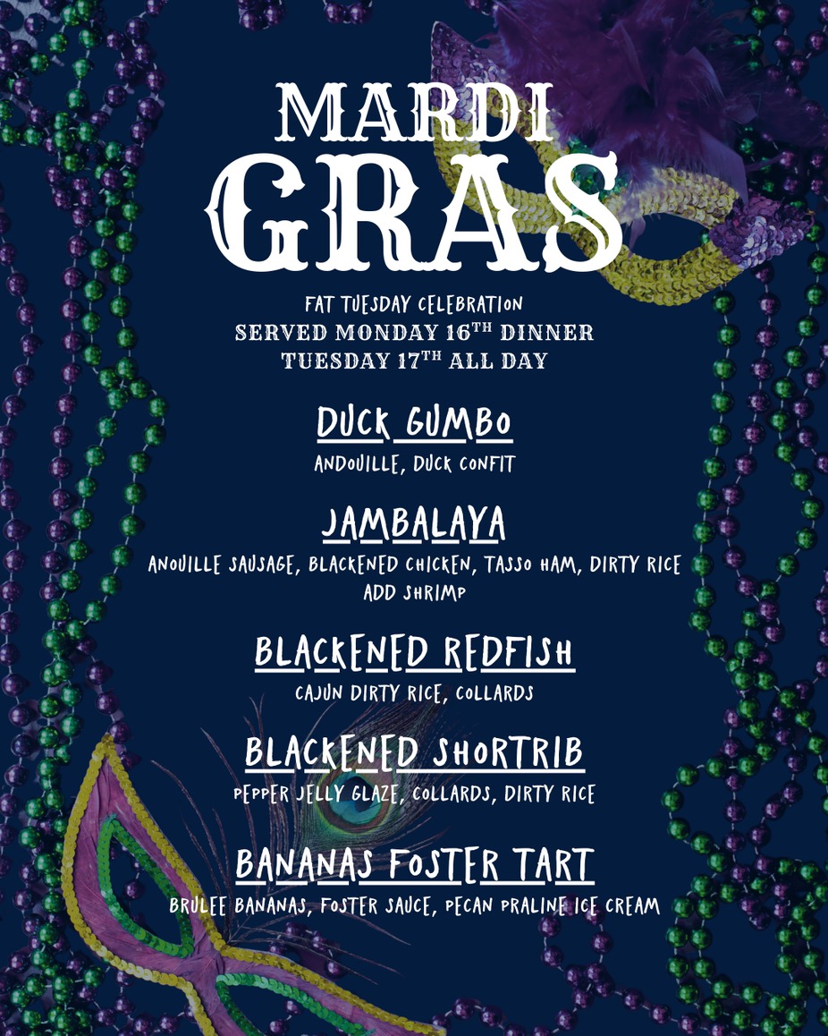 🎭💜 Mardi Gras at Railcar 💚🎭 Fat Tuesday Celebration  Laissez les bons temps rouler! Join us at Railcar for a Mardi Gras celebration featuring bold Cajun flavors and Fat Tuesday classics.  📅 When: • Monday the 16th – Dinner Service • Tuesday the 17th – All Day  🍽️ Mardi Gras Feature Menu: • Duck Gumbo – andouille, duck confit • Jambalaya – andouille sausage, blackened chicken, tasso ham, dirty rice (add shrimp) • Blackened Redfish – Cajun dirty rice, collards • Blackened Short Rib – pepper jelly glaze, collards, dirty rice • Bananas Foster Tart – brûléed bananas, foster sauce, pecan praline ice cream  Big flavors, Southern soul, and plenty of Mardi Gras spirit 🎉 Perfect for gathering your crew and celebrating Fat Tuesday the right way.  📍 Railcar Modern American Kitchen ⏳ Limited-time menu – while supplies last  👉 RSVP, invite your krewe, and celebrate Mardi Gras with us! event photo