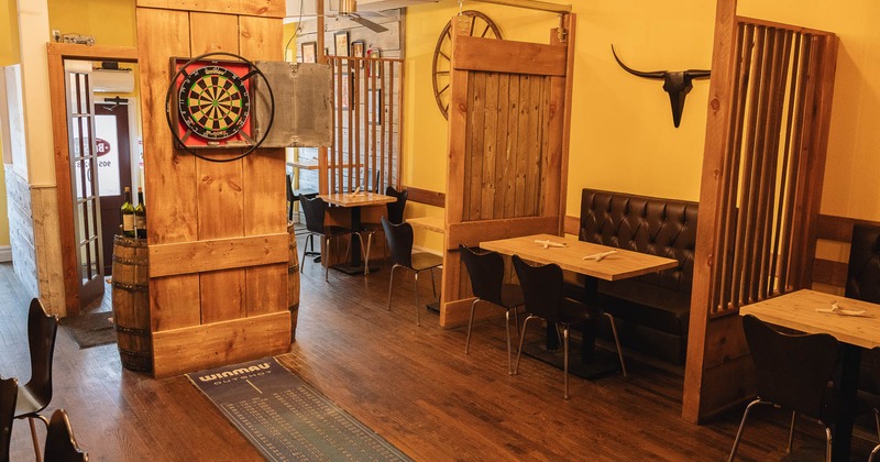 Interior, restaurant booths in dining area
