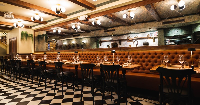 Banquette seating, leather seats and tables