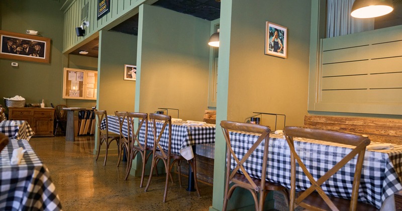 Interior, tables and chairs ready for guests