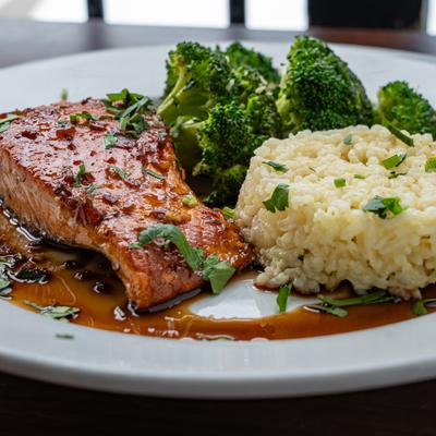 Teriyaki Salmon Entree, with rice and broccoli.