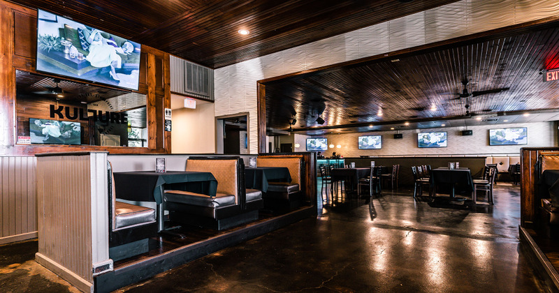 Tables lined up, ready for guests